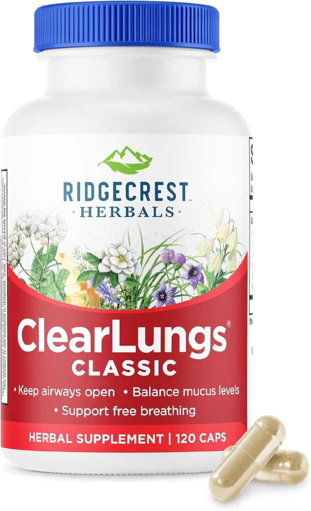 Ridgecrest Herbals ClearLungs Classic, Natural Lung and Nasal Daily Health Supplement for Bronchial, Respiratory, Immune, Sinus, and Mucus Wellness Support, Herbal Formula (120 Caps, 60 Serv)
