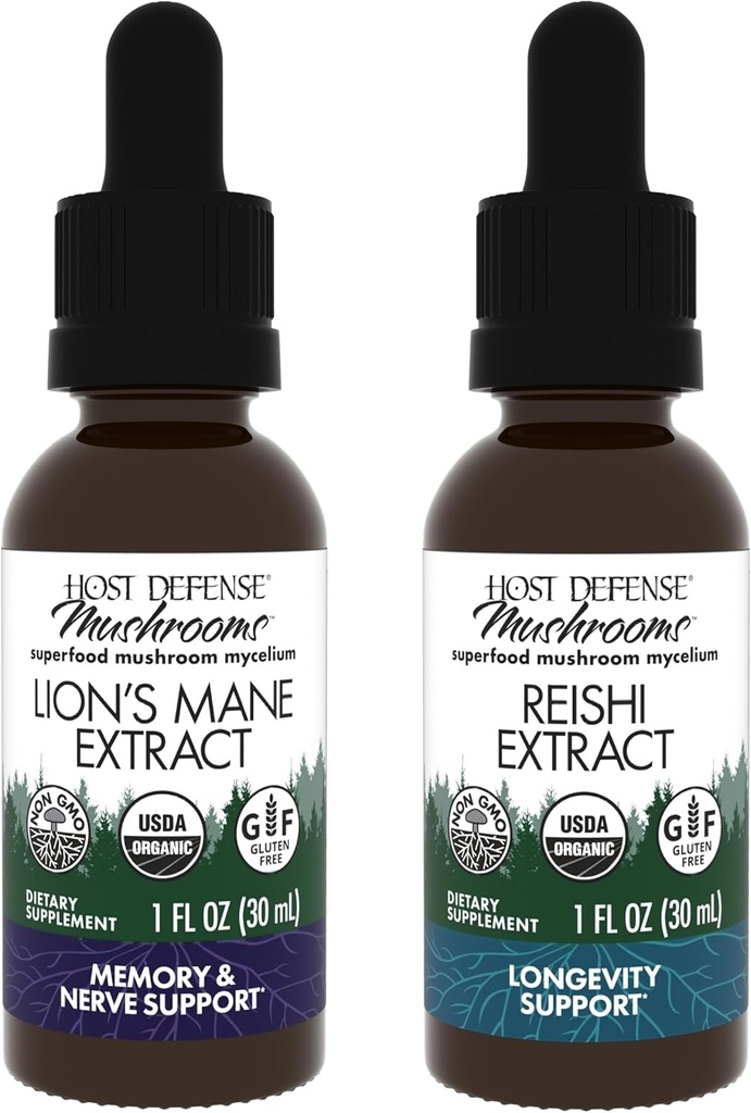 Host Defense Bundle with Lion's Mane Extract, 1 fl oz & Reishi Extract, 1 fl oz - Support Brain Health, Memory & Focus - Support Heart & Immune Health*