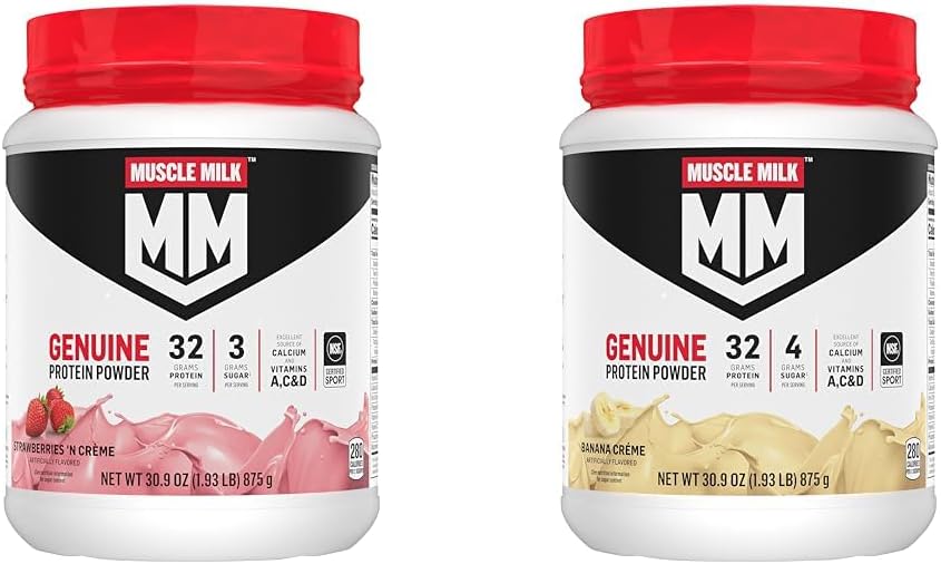 Muscle Milk Genuine Protein Powder Bundle, Strawberries 'N Crème 1.93 Pounds 12 Servings 32g Protein 3g Sugar and Banana Crème 1.93 Pounds 12 Servings 32g Protein 4g Sugar