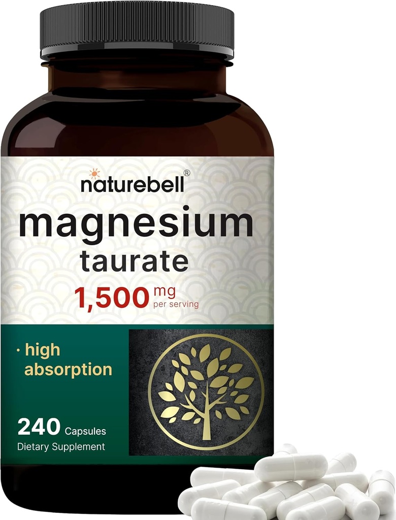 NatureBell Magnesium Taurate 1,500mg, 240 Capsules | Chelated for High Absorption | Non-GMO, Gluten-Free