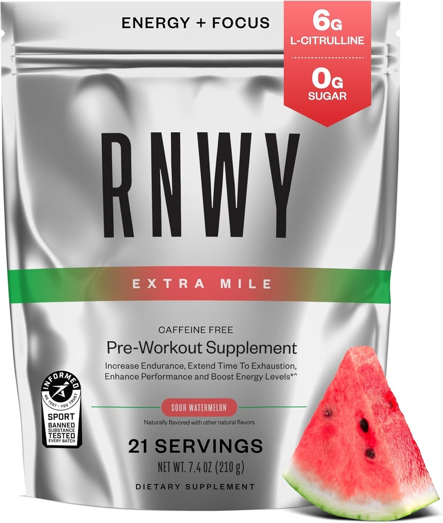 Extra Mile Caffeine Free Pre Workout Powder, 6g L-Citrulline, Sugar Free, Stimulant Free, with Dynamine™ and TeaCrine® for Endurance and Focus, 21 Servings (Sour Watermelon)