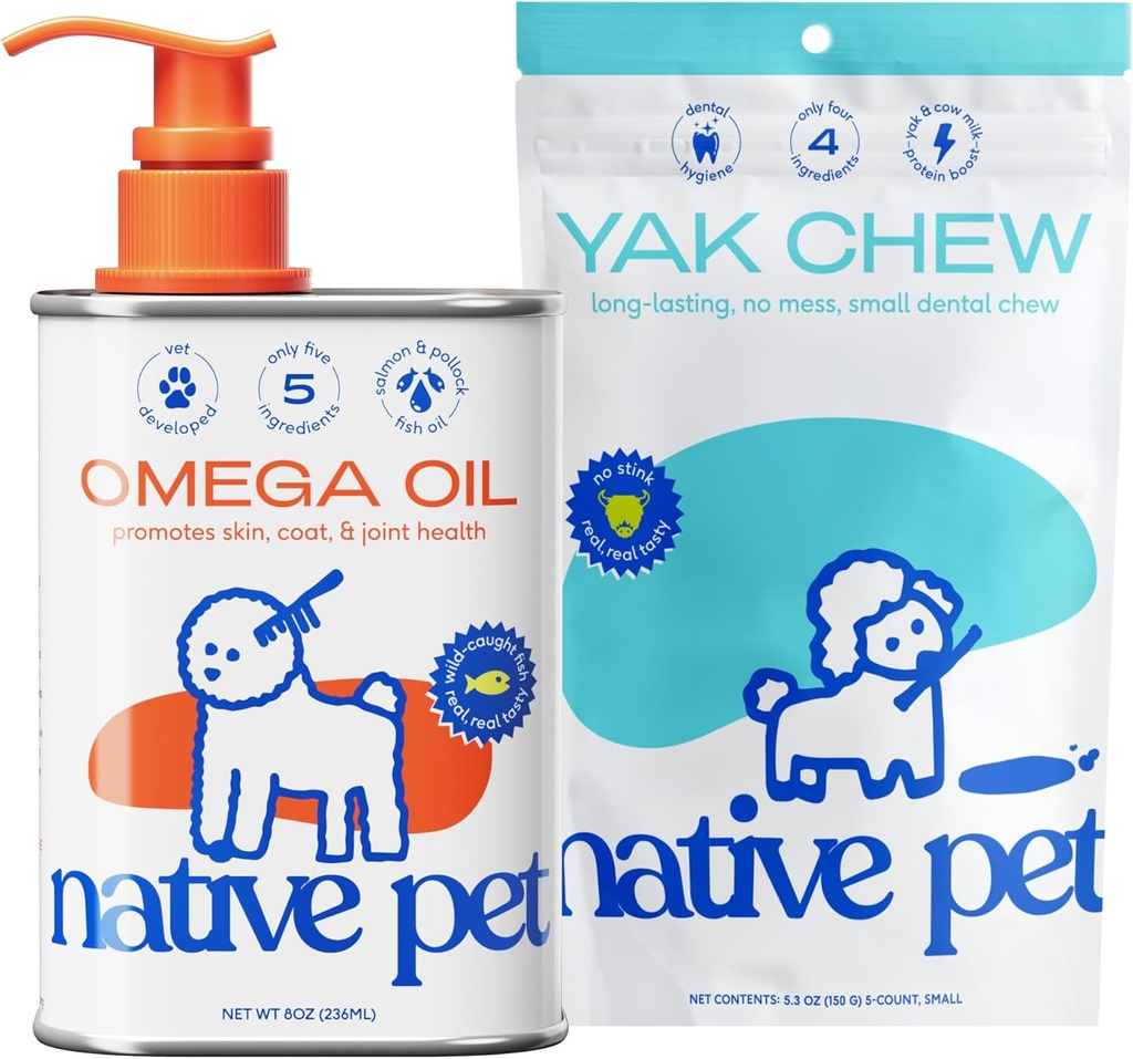 Native Pet Omega Oil for Dogs - Fish Oil Supplements 8 Oz & 5 Small Yak Chews for Dogs | Pasture-Raised and Organic Yak Cheese Himalayan Churpi Sticks