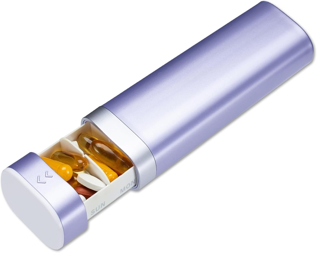 Betife Travel Pill Organizer Weekly 7 Day, Compact Daily Pill Box, Portable Medicine Case, Cute Pill Holder for Vitamins Supplements, Drawer-Shaped Pills Organizer (Purple)