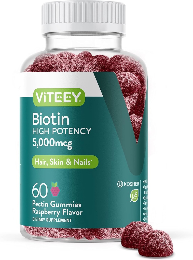 Viteey Biotin Gummies for Hair Skin and Nails - Biotin for Hair Growth Gummies - 5000 mcg - Vegan, Gluten-Free, Non-GMO – 60 Count