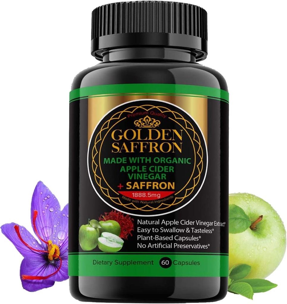 GOLDEN SAFFRON Apple Cider Vinegar Capsules – 60 Organic Veggie Pills – 1800 mg ACV & 88.5 mg Saffron Extract – Organic, Non-GMO, Natural Ingredients, Made in USA.