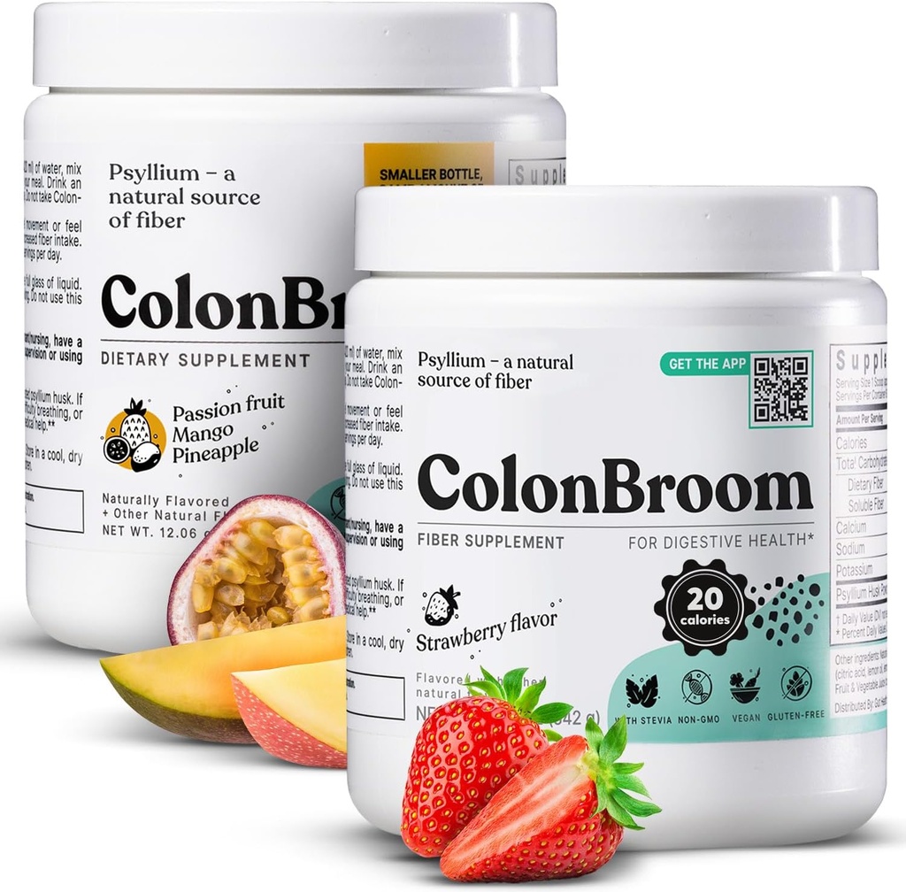 ColonBroom Psyllium Husk Powders (Strawberry & Tropical Fruits, 120 Servings) Colon Cleanse for Bloating Relief & Gut Health - Colon Broom Fiber Powder Drink - Vegan, Non-GMO Fiber Powder Supplement