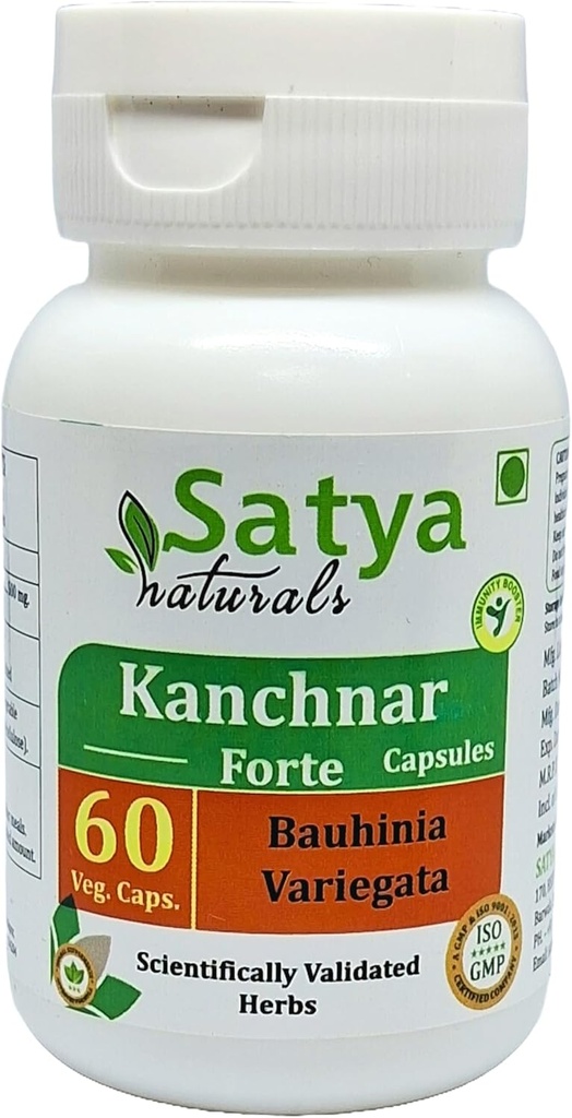 Kanchnar Forte Capsules 500 mg. 60 Veg. Capsule | Kanchnar (Bauhinia Variegata) Extract Capsules for Men and Women | Ayurvedic Herbal Supplement/Remedies | 10:1 Forte (1 Bottle of 60 Capsules)