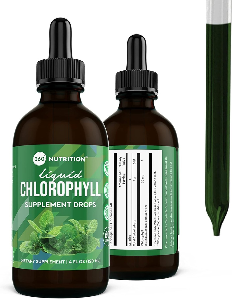 360 Nutrition Chlorophyll Liquid Drops with Peppermint Oil, GF & Vegan Body Internal Deodorant Supplement, Supports Gut Health, Digestion, Energy, Radiant Skin, Fast Absorption (4 Fl Oz (1 Count))