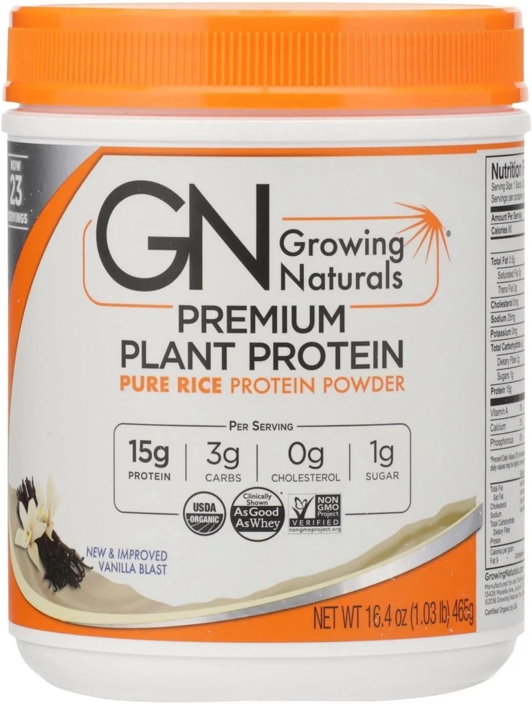 Growing Naturals Rice Protein Isolate Powder Vanilla 1.03 Pound