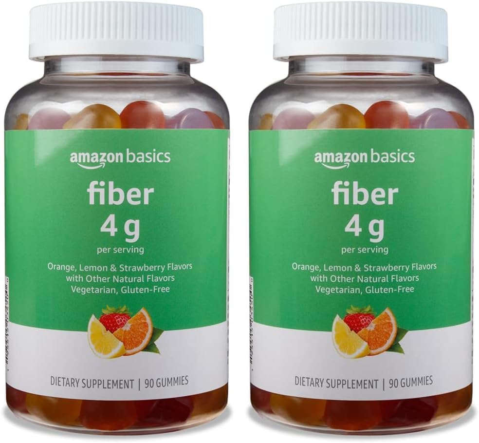Amazon Basics (previously Solimo Fiber 4g Gummy - Digestive Health, Supports Regularity, Orange, Lemon & Strawberry, 90 Gummies (2 per Serving) (Pack of 2)