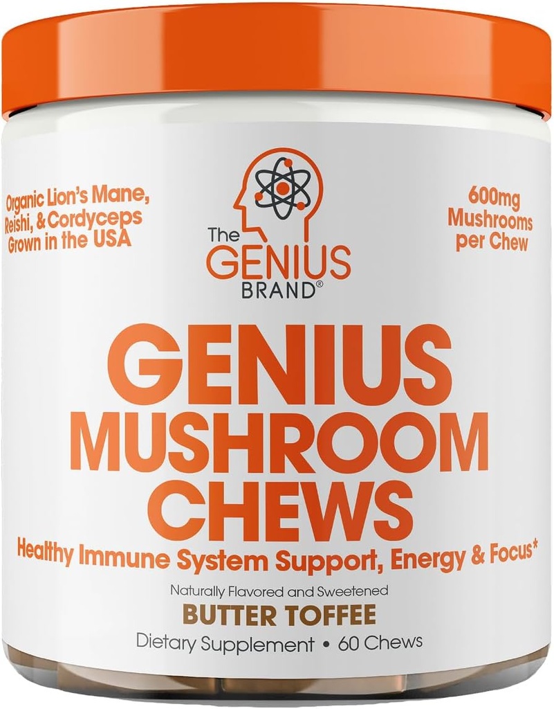 The Genius Brand Genius Mushroom - Plant-Based Supplement for Immune, Focus & Energy Support - Lion's Mane, Cordyceps & Reishi - Organic & Non-GMO - Butter Toffee - 60 Soft Chews