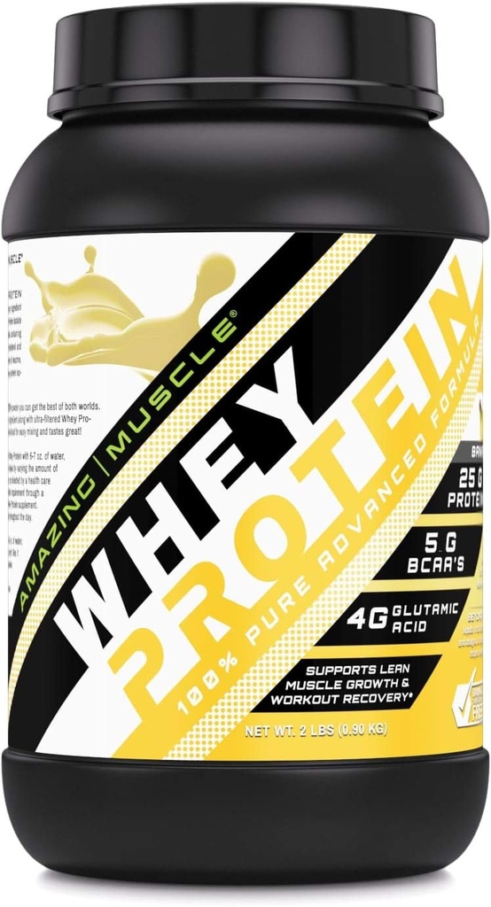 Amazing Muscle Whey Protein Isolate & Concentrate Powder | 25 G Protein per Serving | Non-GMO | Gluten-Free | Made in USA (2 LB, Banana)