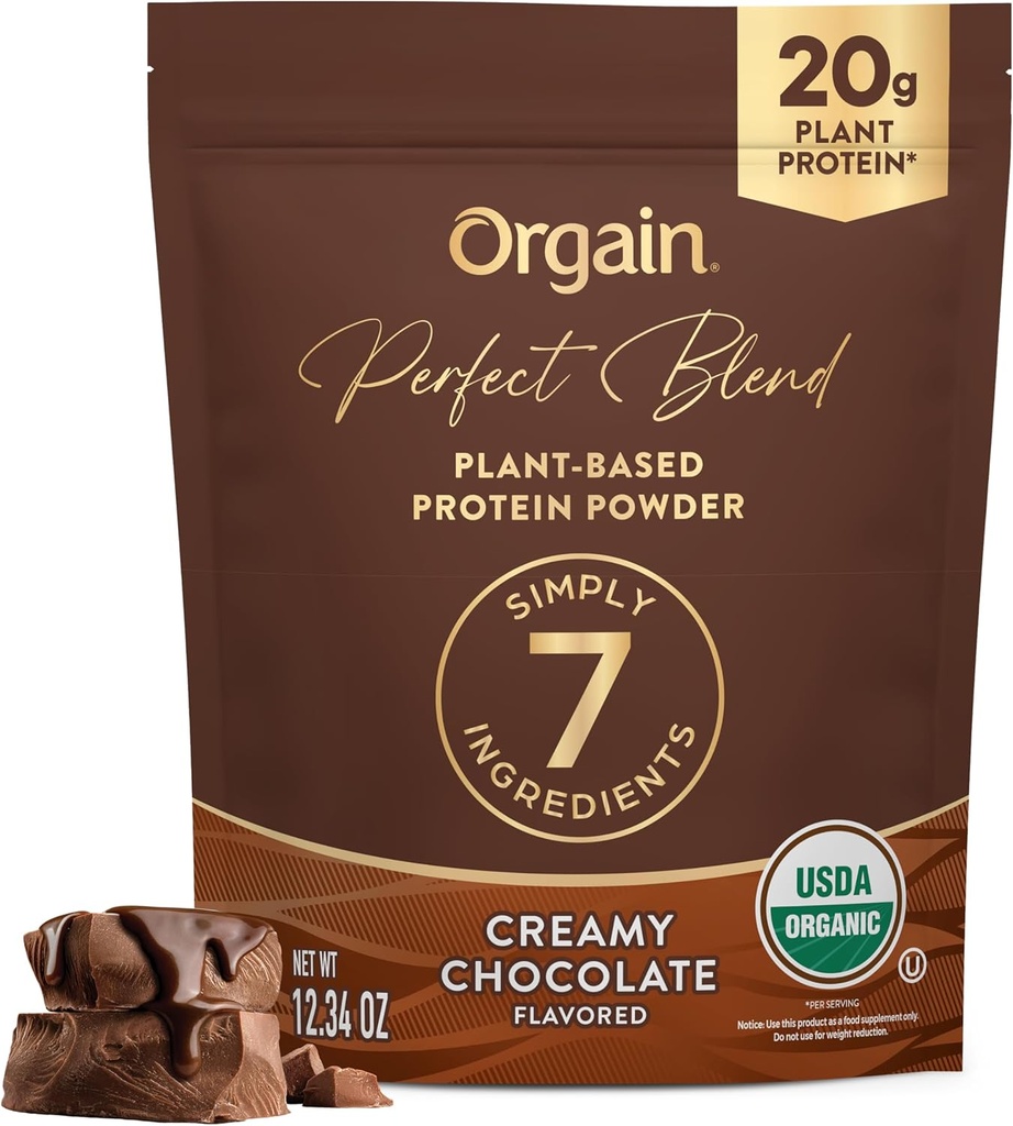 Orgain Organic Vegan Perfect Blend Protein Powder, 20g Clean Plant Protein, 7 Ingredients, <1g Sugar, Gluten Free, Non-GMO; No Artificial Flavors, Stevia Extract, Dairy or Soy Ingredients- Chocolate