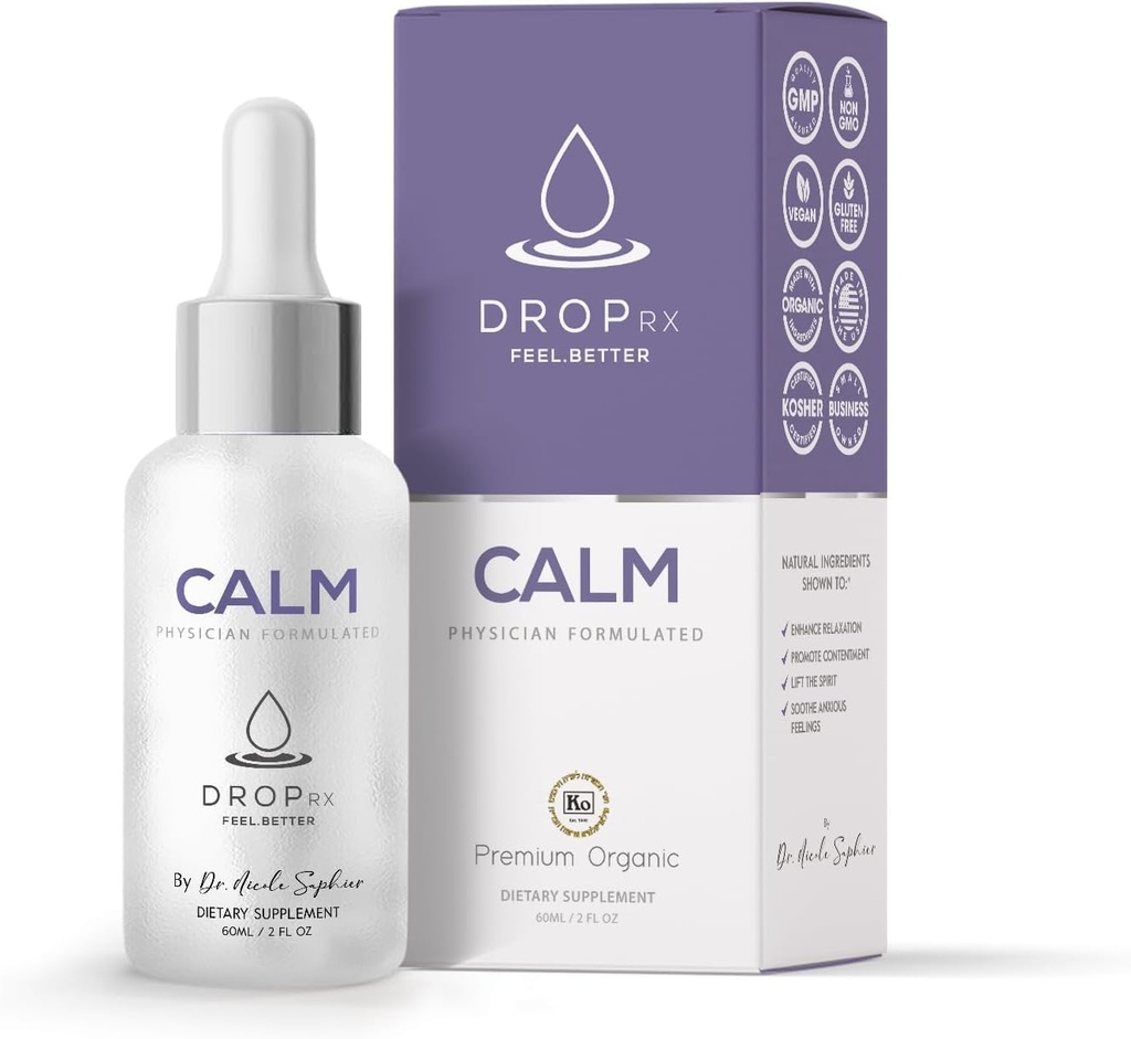 DropRx Calm by Dr. Nicole Saphier Organic Lemon Balm, Lavender, Chamomile & Kava Kava Extract – Vegan & Gluten-Free, Made in USA (2 FL Oz)