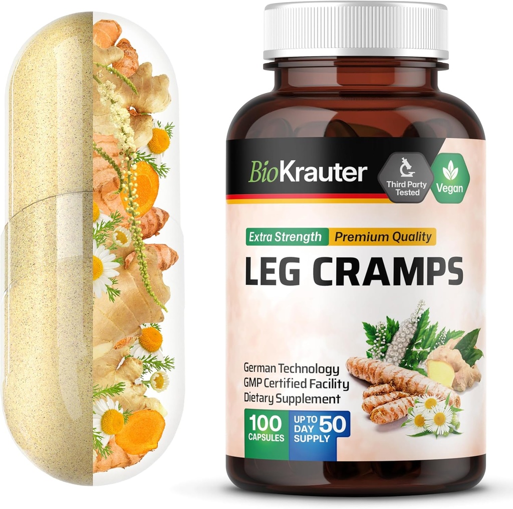 BIO KRAUTER Leg Cramps Capsules with Magnesium - 1200 mg Blend - 100 Vegan Caps - Turmeric & Ginger for Leg Cramps - Natural Formula Without Quinine