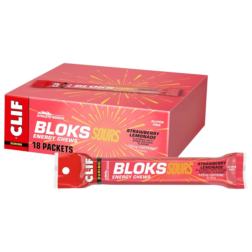 Clif Bloks Sours - Strawberry Lemonade Flavor with Caffeine - Energy Chews - Non-GMO - Plant Based - Fast Fuel for Cycling and Running - Quick Carbohydrates and Electrolytes - 2.12 oz. (18 Count)