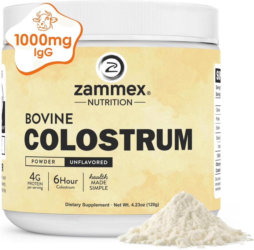 Zammex Bovine Colostrum Powder 4000MG for Immune Support, Gut Health, Hair Growth, Grass Fed Organic Colostrum Supplement for Humans Superfood Easy to Mix, 4g Protein, Unflavored, 30 Servings