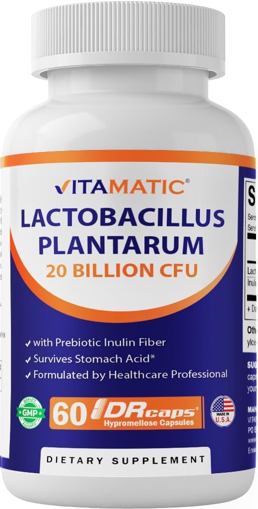 Vitamatic Lactobacillus Plantarum - 20 Billion per DR Capsule - 60 Count - Digestive Support - Made with Prebiotic Inulin Fiber