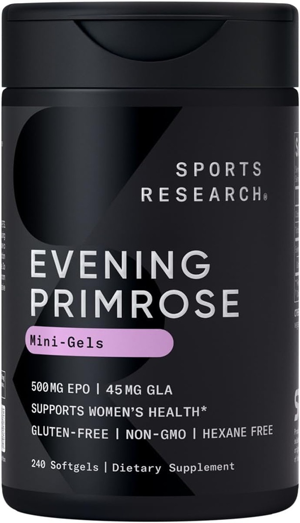 Sports Research Evening Primrose Oil (500mg) Cold-Pressed with No fillers or Artificial Ingredients, Non-GMO Tested - Gluten & Soy Free (240 Liquid Softgels)
