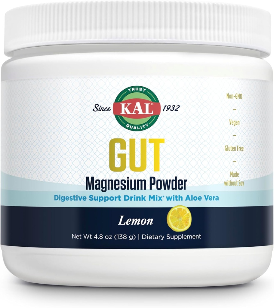 KAL Gut Magnesium Plus Aloe Vera Powder - Lemon Drink Mix - Magnesium Citrate Supplement with Aloe Vera Gel for Digestion & Relaxation Support - No Sugar - 60-Day Guarantee, 40 Servings, 4.8 OZ