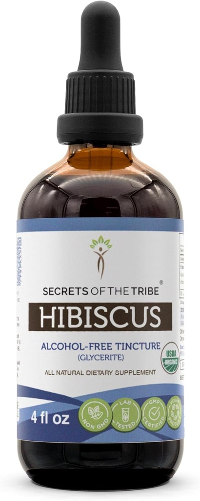 Secrets of the Tribe Hibiscus USDA Organic | Alcohol-Free Extract, High-Potency Herbal Drops | Made from 100% Certified Organic Hibiscus (Hibiscus Sabdariffa) Dried Flower 4 oz