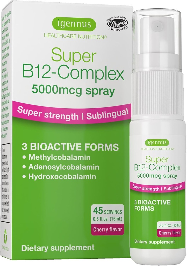 Igennus Triple Vitamin B12 Complex 5000mcg, Liquid Sublingual Spray, 45 Servings, Methylated Methylcobalamin, Adenosylcobalamin & Hydroxocobalamin, High Strength & Clean, Natural Cherry Flavor, Vegan