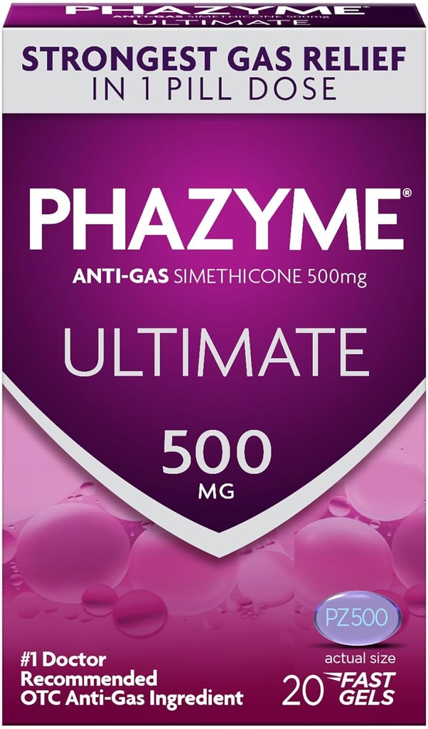 Phazyme Ultimate Strength Anti-Gas 500 mg Simethicone Gas Relief for Adults, Fast Gels Quickly Ease Bloating, Pressure and Discomfort, 20 Count