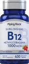 Piping Rock Vitamin B12 Sublingual Tablets | 1000 mcg | 400 Pills | Methylcobalamin Supplement for Women and Men | Berry Flavor | Vegetarian, Non-GMO, Gluten Free