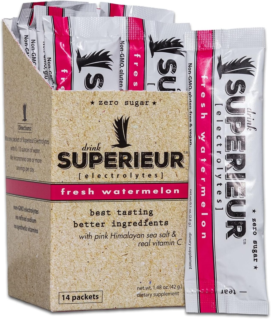 Superieur Electrolyte Powder Packets - Vegan Electrolyte Hydration Powder w/Sea Minerals - Keto Friendly, Non-GMO, Zero Sugar Electrolyte Supplement - Healthy Sports Drink - Watermelon (14 Packets)