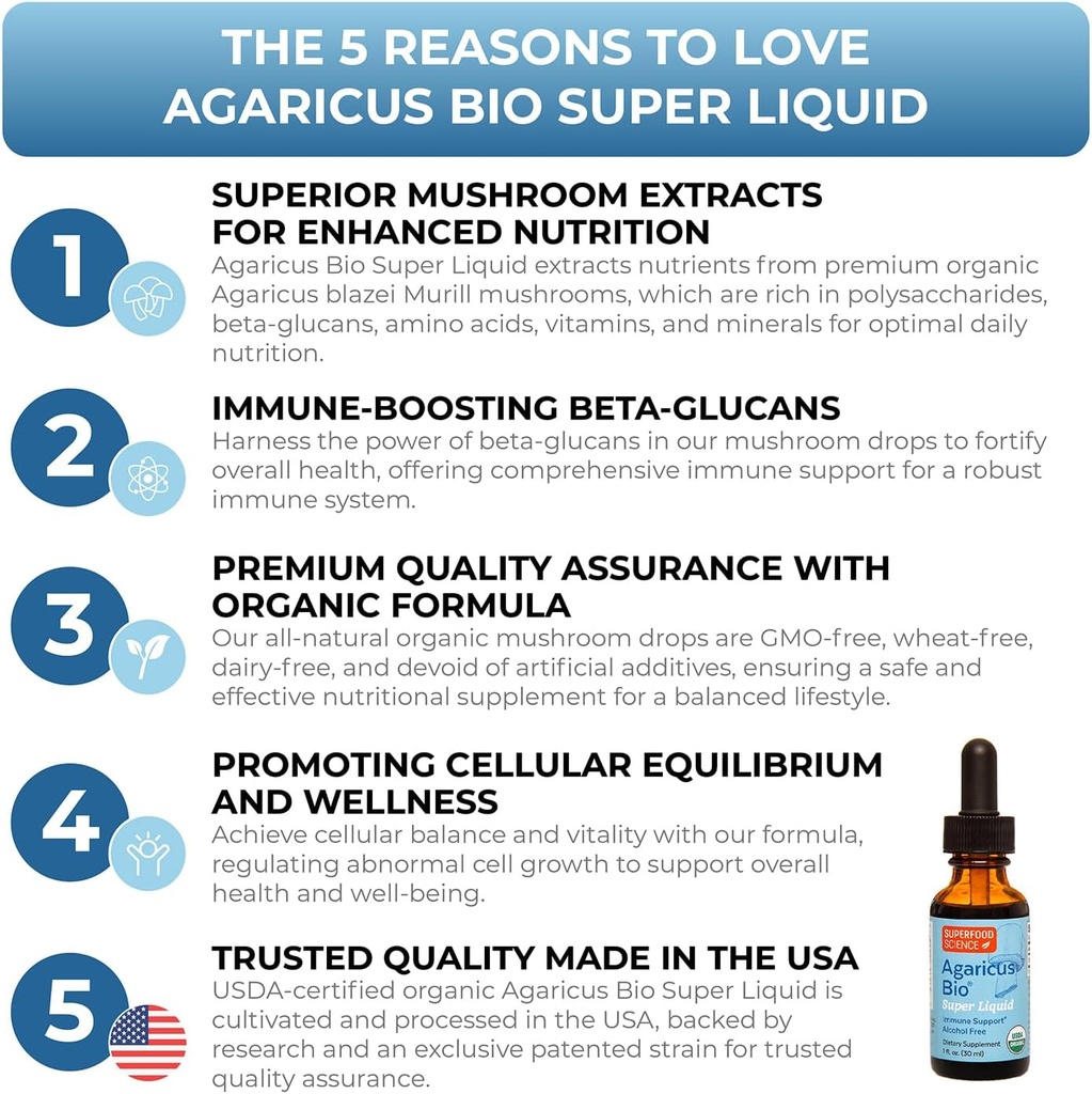 Agaricus Bio Super Liquid, Natural Killer Cell Activity, Organic Mushroom Extract, Agaricus Blazei Murill Mushroom, Tincture Drops with High Beta Glucans, Liver and Immune Support Supplement, 30 ml