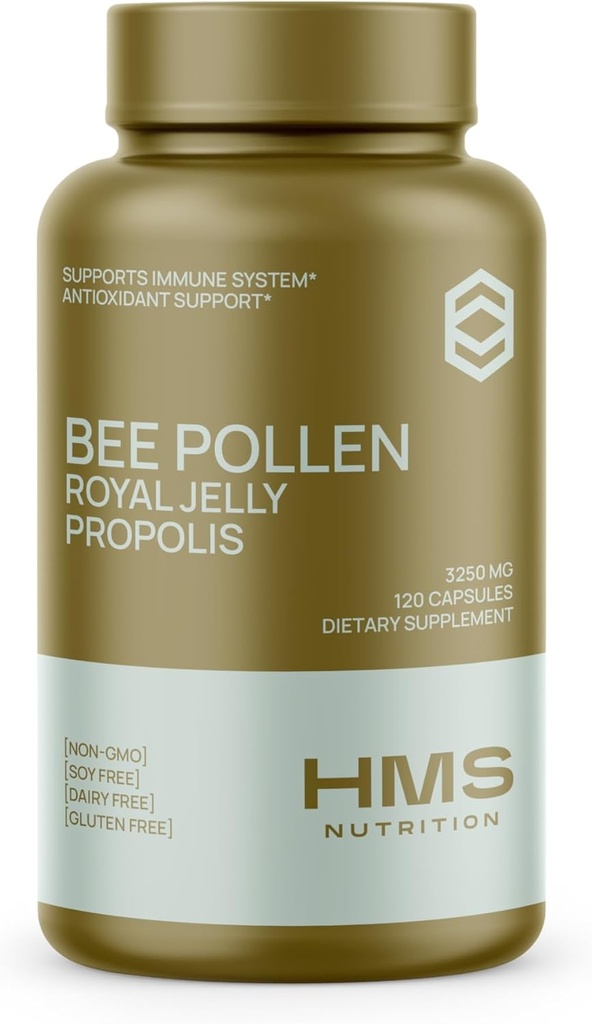 Premium Bee Pollen Daily Dietary Supplement - Includes Propolis & Royal Jelly - 3250mg Non-GMO, 120 Vegetarian Capsules - 30 Day Supply