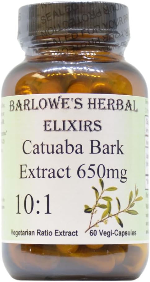 Barlowe's Herbal Elixirs Catuaba | 10:1 Extract | 650mg Per Capsule | Traditional Vitality Herb | 60 Vegan Capsules | Non-GMO, Stearate-Free, Glass Bottled