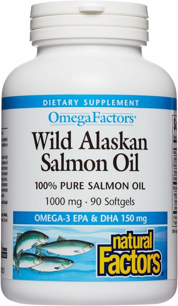 Omega Factors by Natural Factors, Wild Alaskan Salmon Oil, Supports Heart and Brain Health with Omega-3 DHA and EPA, 90 Softgels