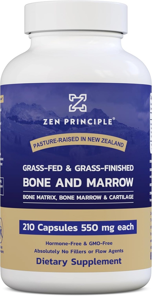 Zen Principle Grass Fed Beef Bone Marrow Supplement, 3300mg. Skin, Oral Health, and Joint Support. Promotes Whole-Body Wellness. Whole Bone Extract, 210 Capsules.