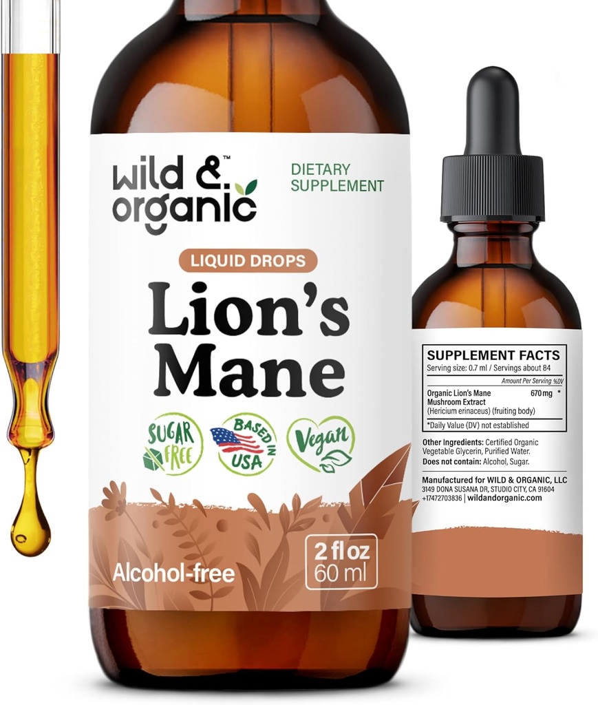 Wild & Organic Lions Mane Liquid Drops - Focus & Brain Support - Lions Mane Supplement - Hericium Erinaceus Mushroom Extract Tincture - Vegan, Alcohol & Sugar-Free - 2 fl oz