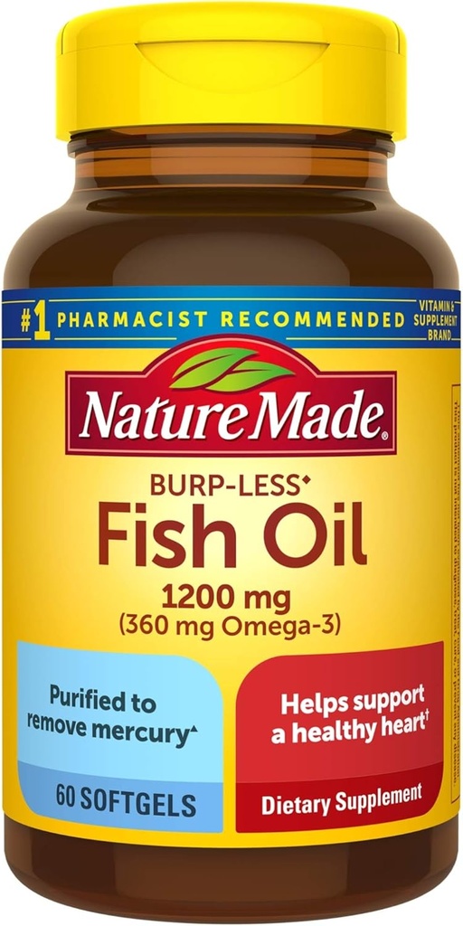 Nature Made Burp-Less Fish Oil 1200 mg, 60 Softgels, Fish Oil Omega 3 Supplement For Heart Health (Pack of 3)