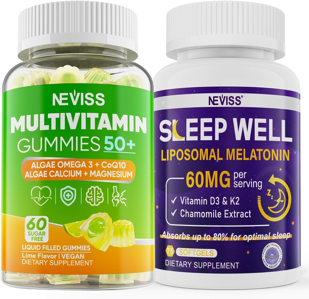 NEVISS Women & Men's 50+ Multivitamin Gummy and Melatonin 60mg Bundle