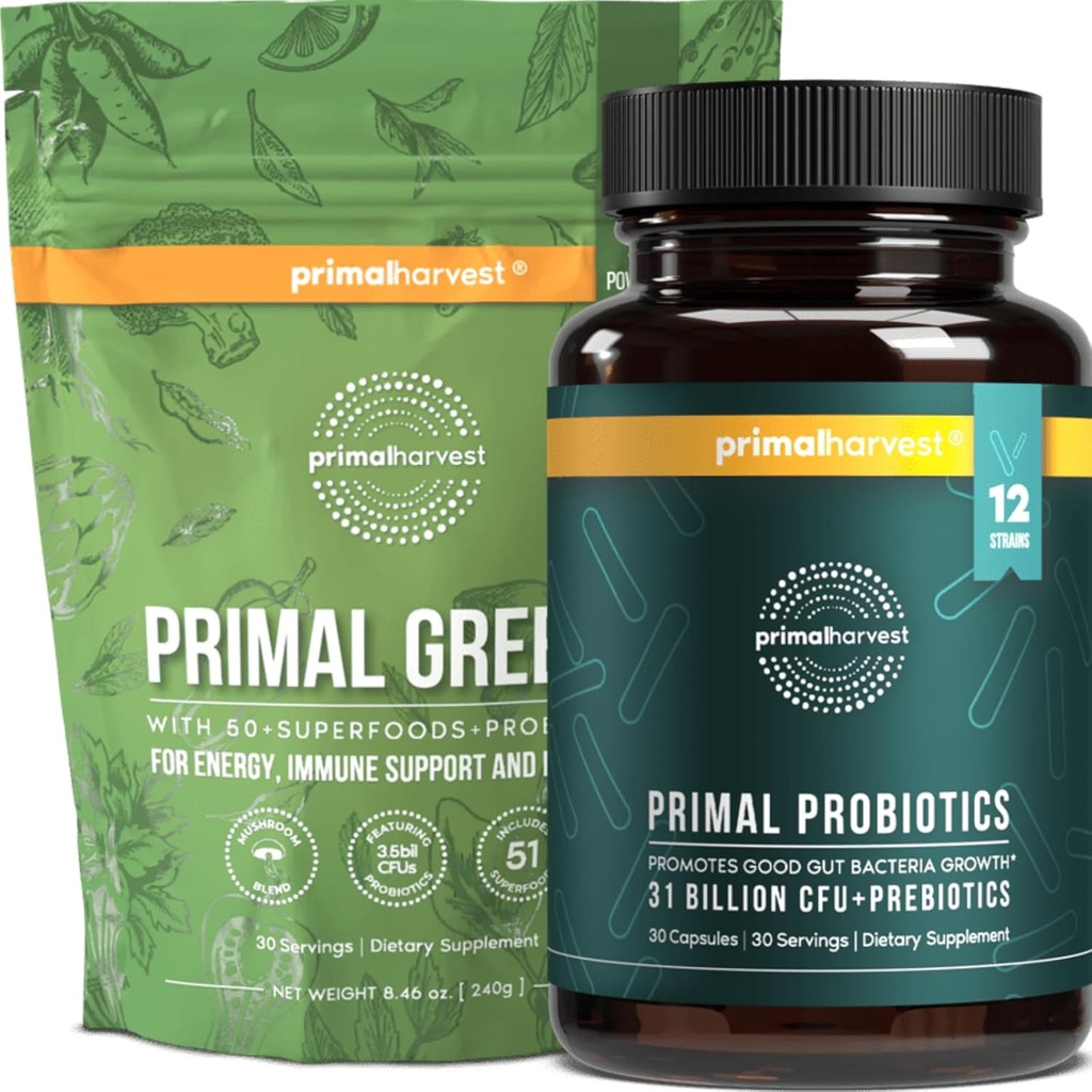 Primal Harvest Greens Powder & Primal Probiotics Supplements Bundle