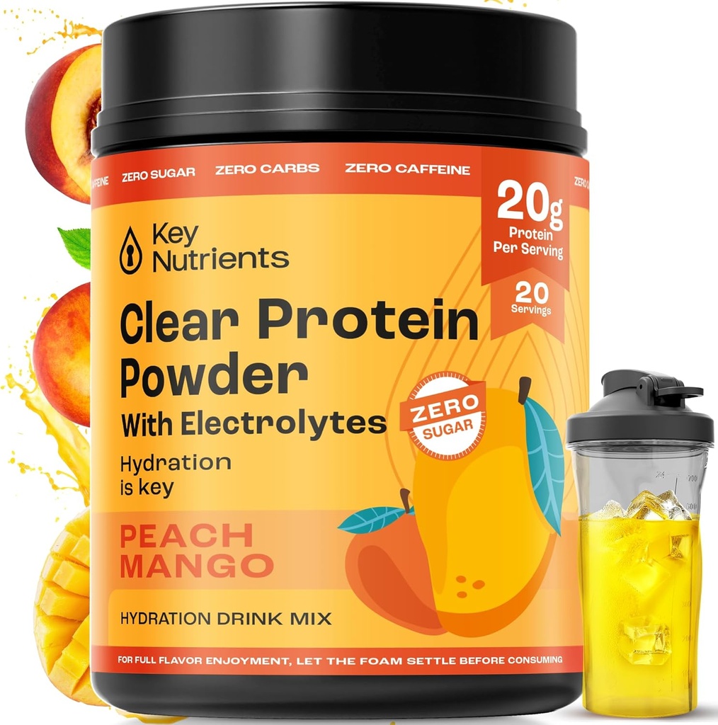 KEY NUTRIENTS Multivitamin Electrolytes Powder No Sugar - Peach Mango Electrolyte Powder - Endurance & Energy Supplement - Hydration Powder - No Calories - 20 Servings - (Peach Mango + Protein Powder)