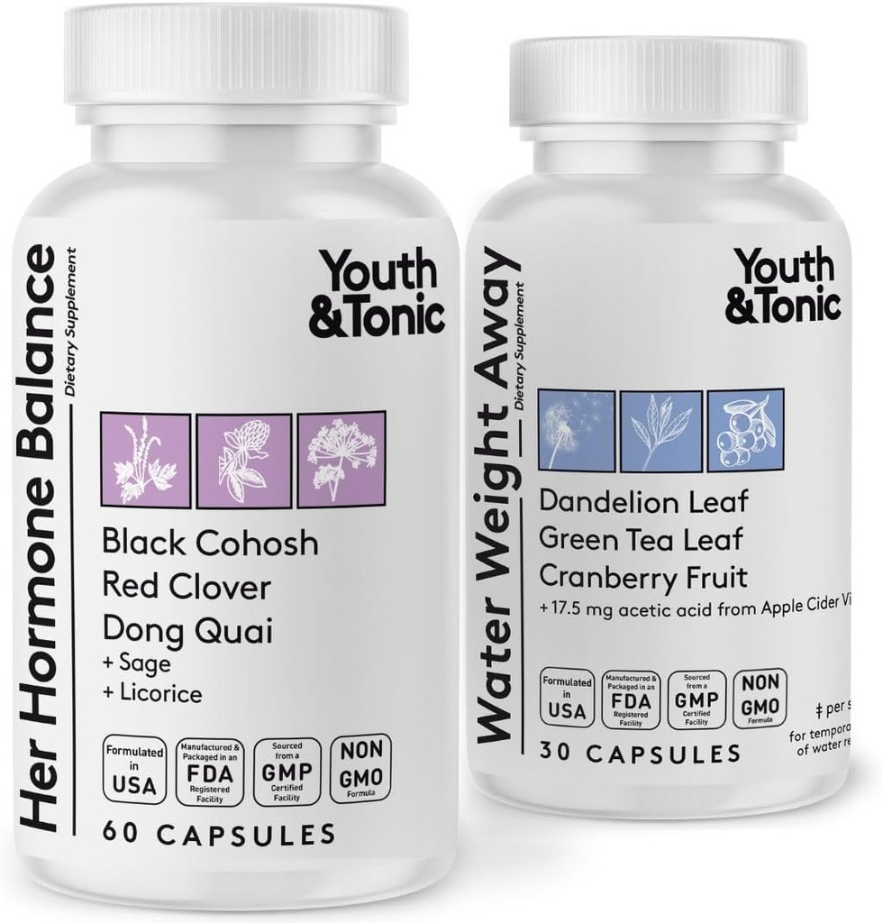 Youth & Tonic PMS & Menopause Bloating Relief Duo – Support for Puffiness, Hormonal Balance & Fluid Retention – Her Hormone Balance + Water Weight Away Natural Herbs for Women, 90 Capsules