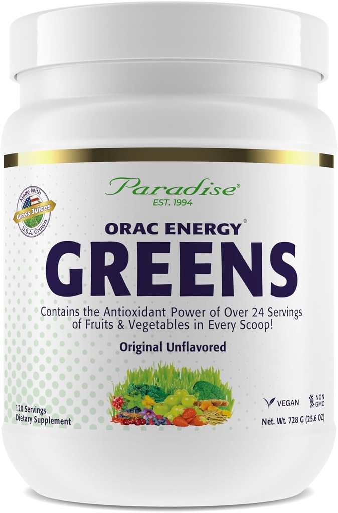 Paradise Herbs, ORAC Energy Greens Powder, Antioxidant Power of 24 Servings of Fruits & Vegetables in 1 Scoop, 120 Servings