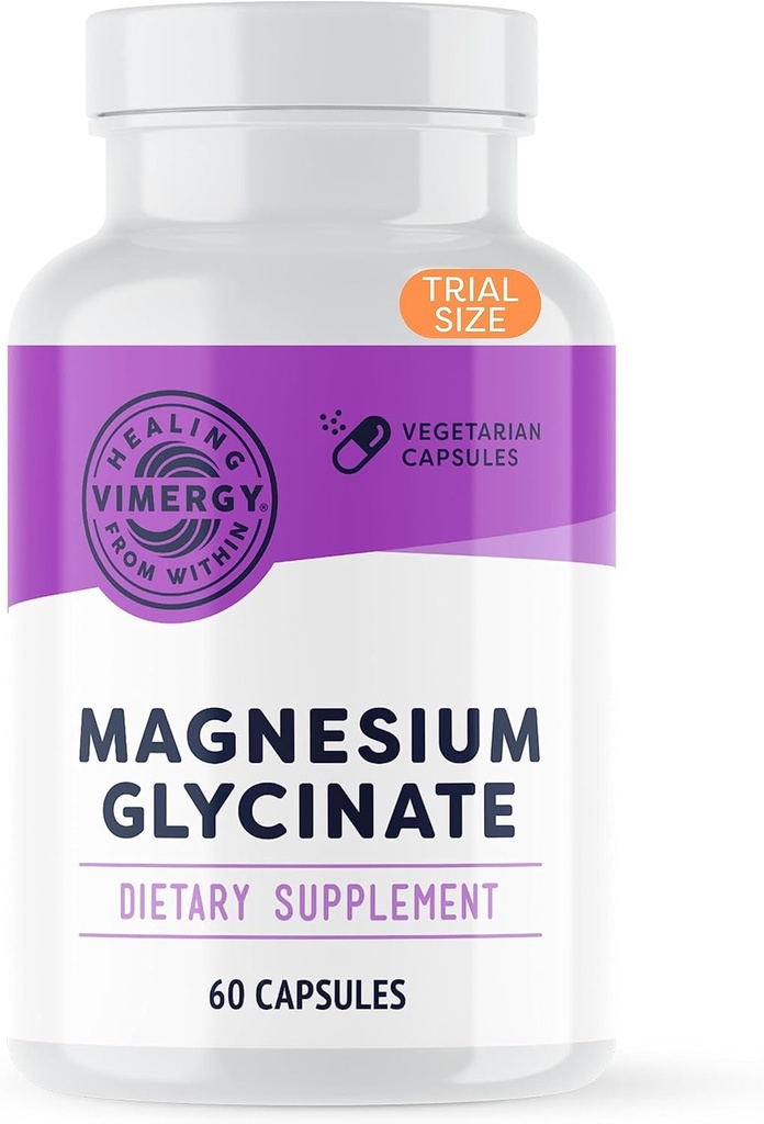 VIMERGY Magnesium Glycinate – Stress Support – Chelated to Avoid Tummy Upset*– Promotes Heart Health & Energy*– Kosher, Vegan Gluten-Free – 60 Caps