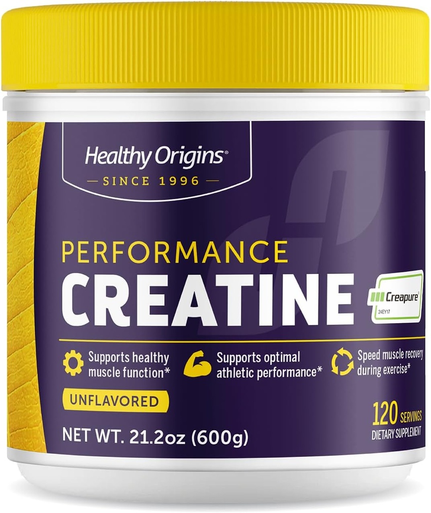 Healthy Origins® Performance Creatine with Creapure®, Unflavored Micronized Powder, Supports Muscle Function, Energy & Recovery, 21.2oz (600g), 120 Servings