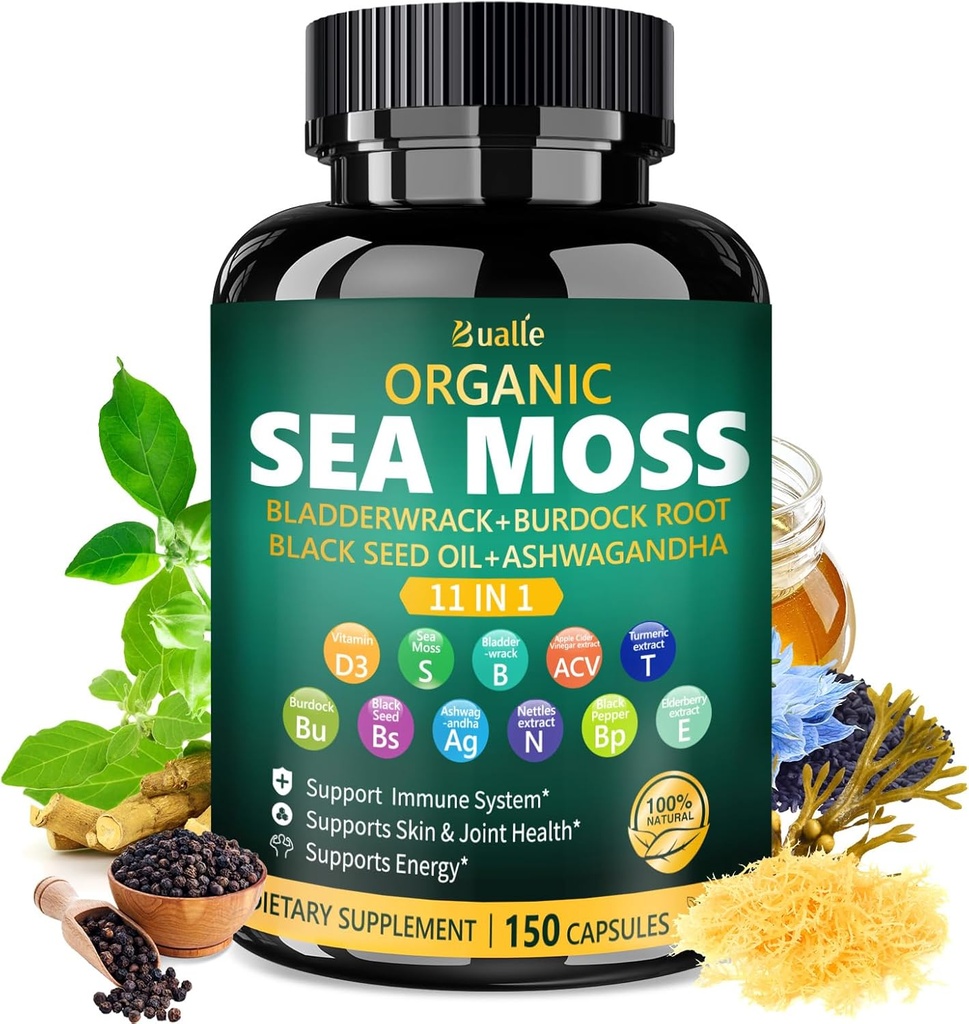 Bualle Irish Sea Moss Capsules – Organic Sea Moss, Black Seed Oil, Ashwagandha Supplements with Bladderwrack, Ginger & Burdock Root – Supports Daily Wellness, Skin & Energy – 150 Capsules (1 Pack)