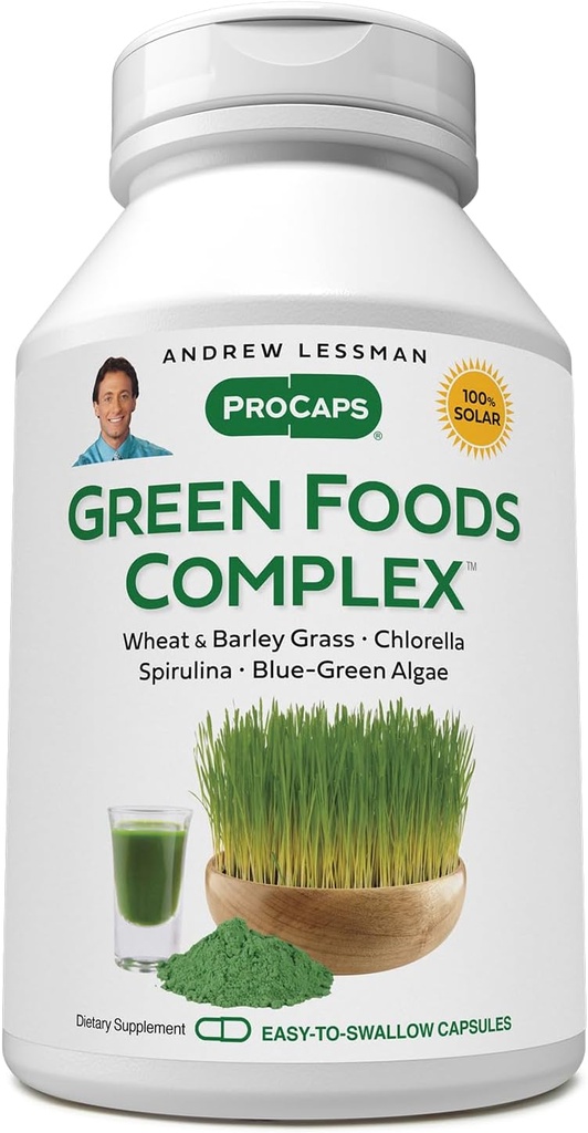 ANDREW LESSMAN Green Foods Complex 60 Capsules - Supplies Building Blocks for Healthy Tissue Growth, Liver Support. 100 mg Each of Barley Grass, Wheat Grass, Blue Green Algae, Chlorella, Spirulina