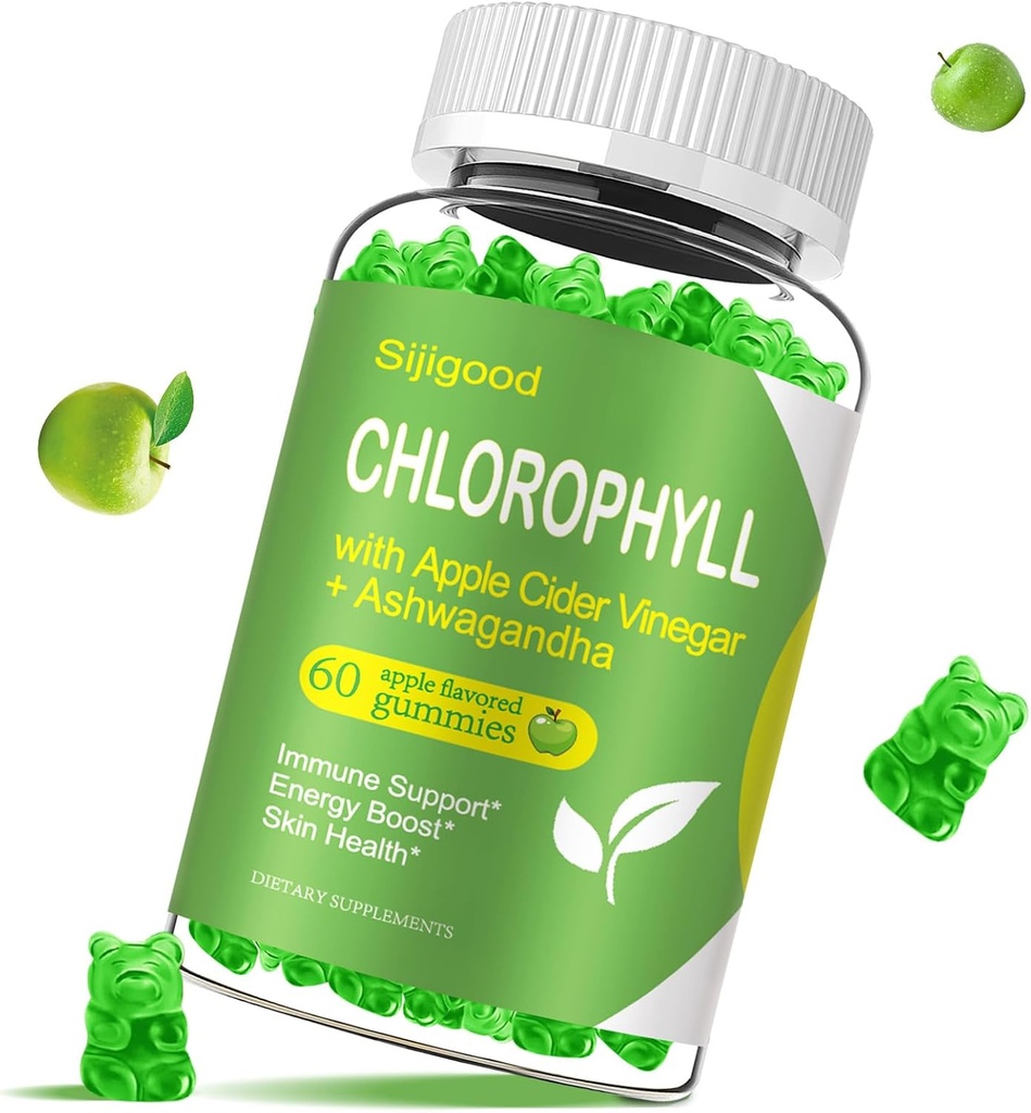 Chlorophyll Gummies with Black Seed Oil, Moringa, Probiotic for Body Odor, Digestion, Skin, Hair, and Immunity Support - Adults Kids Women Men, 60 Apple Flavored Gummies
