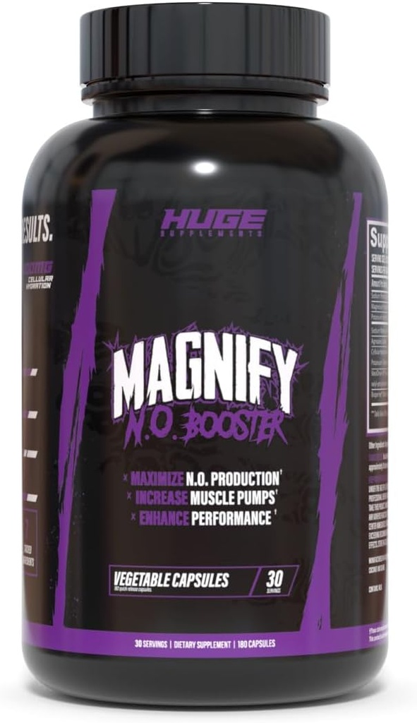 Huge Supplements Magnify Pump Pills & Nitric Oxide Booster, Enhance Muscle Pumps, Fullness & Vascularity, Science-Backed Ingredients - NO3-T Nitrates, Agmatine Sulfate, VasoDrive-AP (180 Capsules)