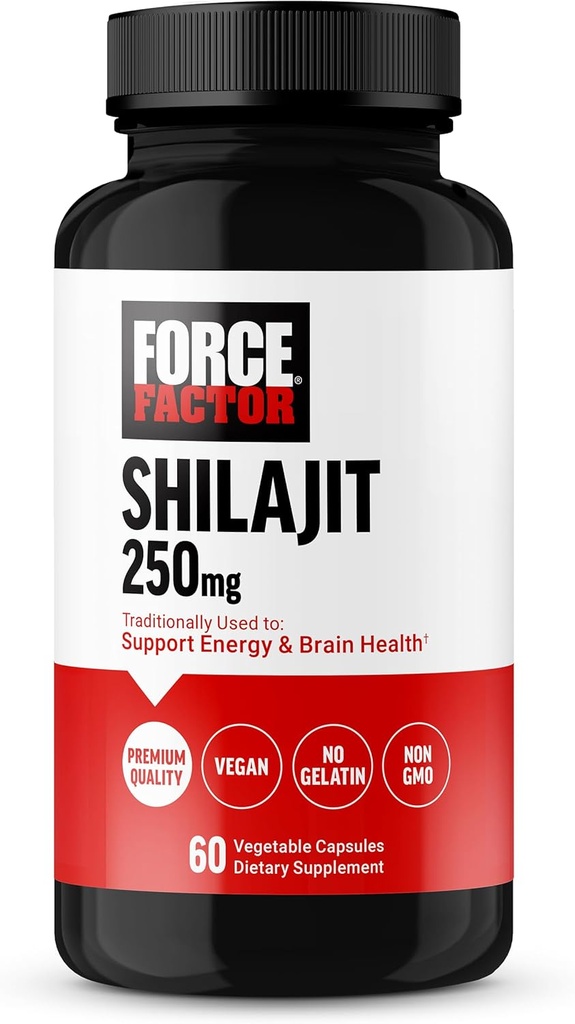 Force Factor Shilajit Supplement, Shilajit for Men and Women to Support Energy and Brain Health, Shilajit Pure Natural, Premium Quality, Vegan, Non-GMO, 60 Capsules