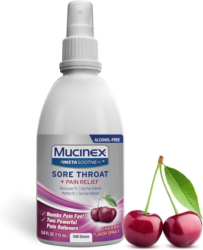 Mucinex Instasoothe Sore Throat Spray for Oral Pain Relief, Throat Numbing Spray with Benzocaine & Menthol Starts to Work on Contact, Cherry Flavor, 3.8 Fl Oz