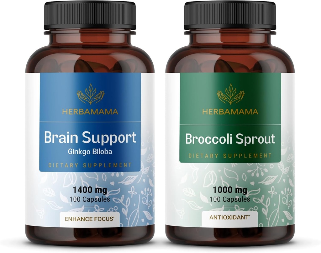 HERBAMAMA Brain Support & Broccoli Sprout Kit - Bundle of 1400 mg Brain Support Complex &1000 mg Broccoli Sprout Capsules - Vegan, Non-GMO, Gelatin-Free - 2 Pack